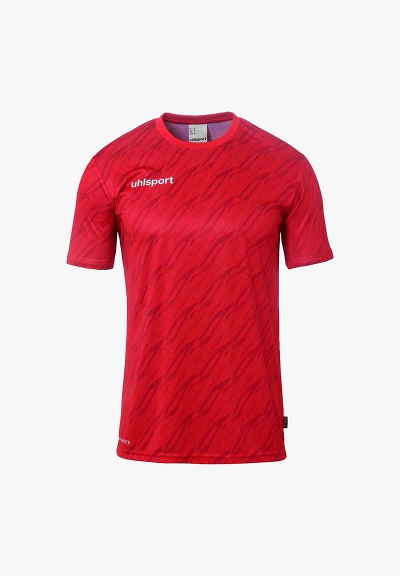Maglietta sportiva rossa con colletto rotondo, maniche corte e un motivo testurizzato di linee diagonali. Realizzata in materiale leggero e traspirante.