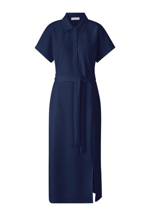Navy blue polo dress with short sleeves, buttoned front, waist tie, and side slit. Made of smooth fabric with a clean, minimalist design.