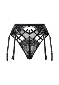 Schwarze Spitzenunterwäsche mit geometrischem, offenem Design, verstellbaren Satinträgern und goldfarbener Hardwareakzenten.