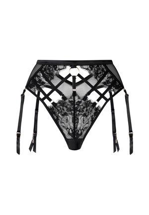 Schwarze Spitzenunterwäsche mit geometrischem, offenem Design, verstellbaren Satinträgern und goldfarbener Hardwareakzenten.