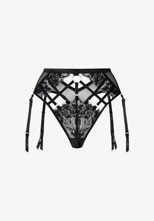 Zwarte kanten lingerie met een geometrisch open ontwerp, verstelbare satijnen bandjes en hardwareaccenten in goudkleur.