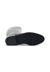 Botte en cuir noire montant jusqu'au genou, avec une surface lisse, un bout rond et une semelle en caoutchouc plate. Présente un design sans couture et un matériel minimal.
