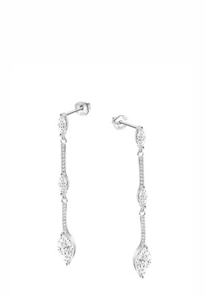 Boucles d'oreilles en argent avec des pierres taillées en marquise et de petits accents ronds, présentant un design minimaliste et une texture lisse.