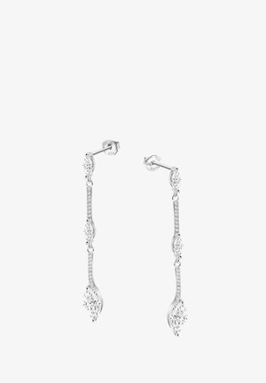 Boucles d'oreilles en argent avec des pierres taillées en marquise et de petits accents ronds, présentant un design minimaliste et une texture lisse.