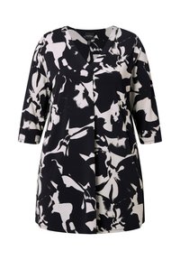 Schwarz-weißes Tunika-Kleid mit V-Ausschnitt, Dreiviertelärmeln, abstraktem Blumenmuster und lockerer Passform. Weicher Stoff.