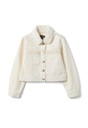 Giacca corta color crema con maniche lunghe, chiusura con bottoni, due tasche sul petto e ricamo floreale sopra le tasche.