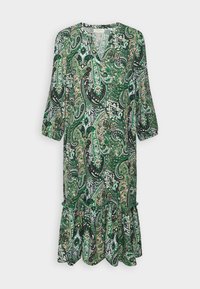 Zelené šaty s paisley vzorem, třičtvrtinovými rukávy, výstřihem do V a volánkovým lemem. Vyrobeno z lehkého materiálu s květinovými akcenty.