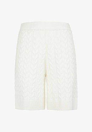 Weiße gestrickte Shorts mit einem Kabelstrickmuster, geripptem Bund und Saum. Der Stoff ist strukturiert und weich, ideal für lässige Outfits.