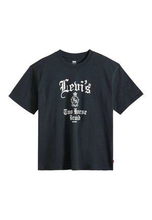 Zwart katoenen T-shirt met een ronde hals, voorzien van witte grafische tekst en logo's. Korte mouwen en rechte zoom, casual pasvorm.