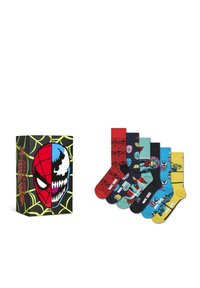 Ensemble de sept chaussettes de différentes couleurs et motifs, incluant du rouge, du bleu et du jaune. Emballé dans une boîte noire avec un design coloré de Spiderman.