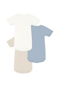 Tři krátké body s krátkým rukávem: jedno světle béžové s tečkovaným vzorem, jedno jednobarevné bílé a jedno jednobarevné světle modré. Měkký bavlněný materiál.