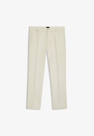 Pantaloni beige in cotone con vestibilità dritta, zip frontale e tasche anteriori. Tessuto liscio e senza motivi o decorazioni visibili.