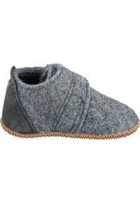 Grijs gevoeld slipper met een gestructureerd lichaam, subtiele kruislings ontwerp en een rubberen zool. Rond gevormd met een zachte bovenkant en een lage snit.