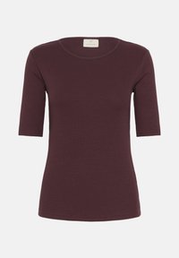 Burgundy short-sleeve t-shirt with a round neckline, made from ribbed fabric. Features a tag with "KAFFE" embossed at the neck.