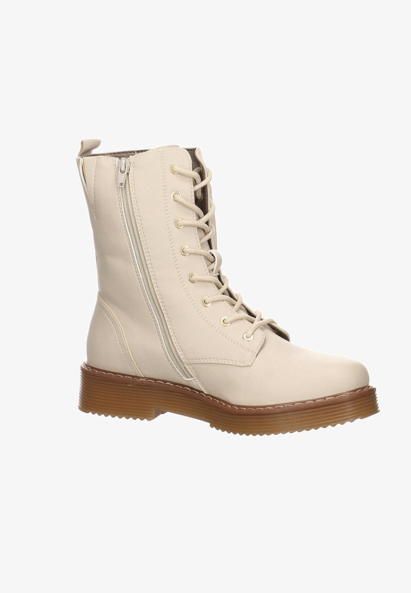 Botte beige mi-mollet à lacets avec fermeture éclair latérale, bout rond et semelle épaisse marron rainurée, conçue pour un usage décontracté ou en plein air.