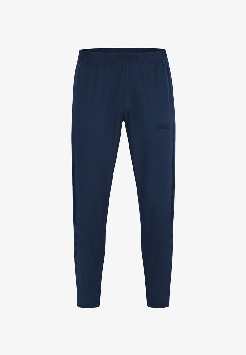 Marine sportieve broeken van gladde stof, voorzien van een elastische tailleband, zijpanelen en knoopaccenten langs het onderbeen.