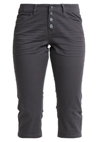 Pantalons cropped gris en mélange de coton avec une texture lisse, dotés d'une fermeture à cinq boutons, de poches et d'un design ajusté.