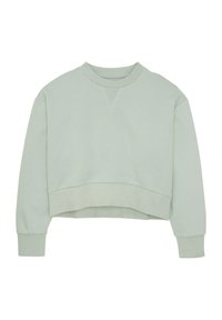 Lichtgroene cropped sweatshirt met een ronde halslijn, geribde manchetten en zoom. Zachte textuur met een subtiel patroon. Heeft een V-stiksel detail.