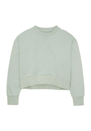 Jasnozielony, krótki sweatshirt z okrągłym dekoltem, prążkowanymi mankietami i dołem. Miękka faktura z delikatnym wzorem. Zawiera detal w kształcie V.