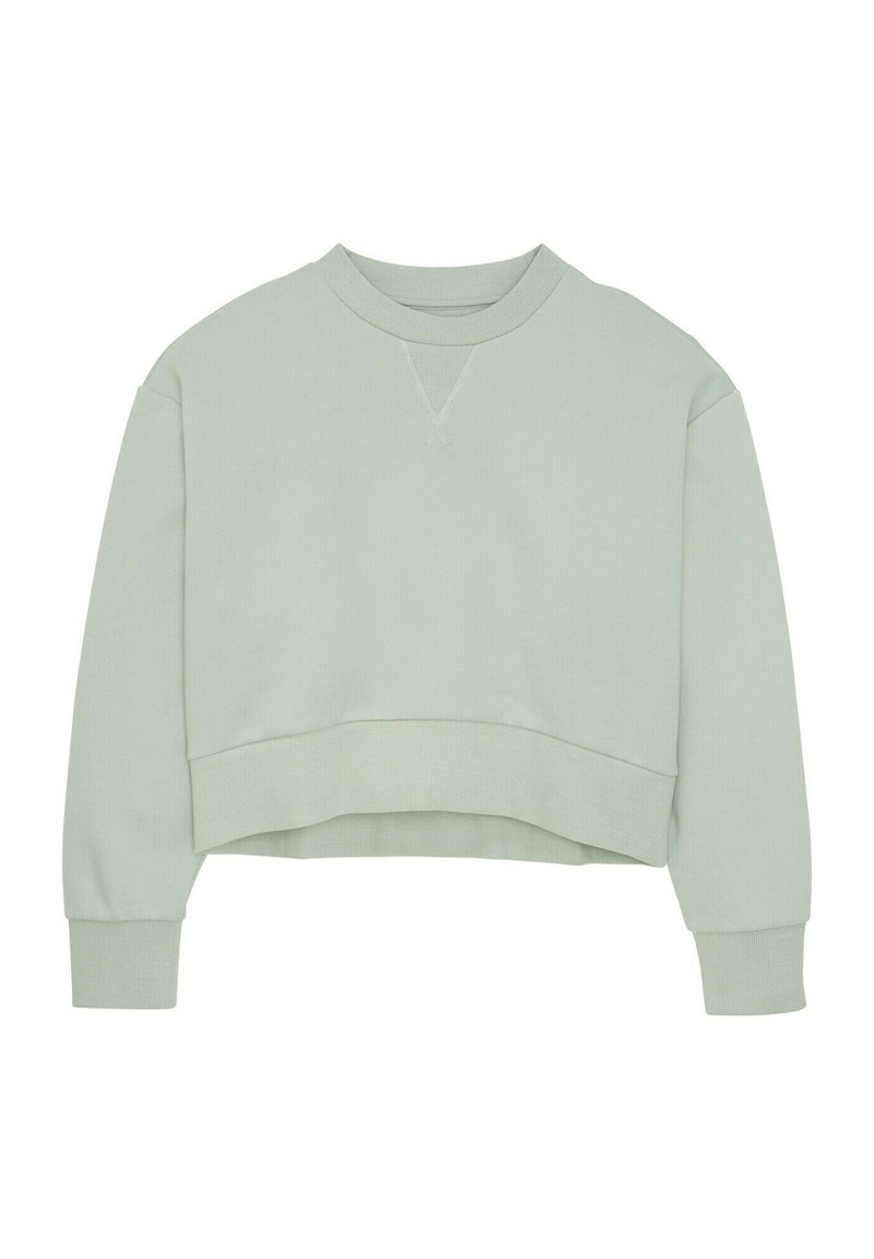 Lichtgroene cropped sweatshirt met een ronde halslijn, geribde manchetten en zoom. Zachte textuur met een subtiel patroon. Heeft een V-stiksel detail.