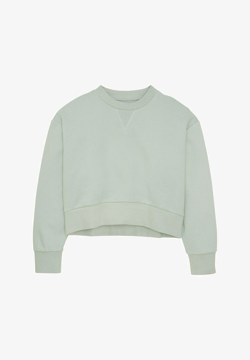 Lichtgroene cropped sweatshirt met een ronde halslijn, geribde manchetten en zoom. Zachte textuur met een subtiel patroon. Heeft een V-stiksel detail.