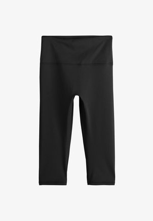 Leggings neri realizzati in materiale liscio ed elastico, con fascia alta in vita e taglio fino al ginocchio, cuciture flatlock per un maggiore comfort.