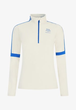 Kremasti pulover s dugim rukavima i četvrtim zipom, plavi akcenti na ramenima i rukavima, s "HOUSE OF SNOW" logom na lijevoj strani prsa.