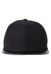 Căciulă snapback neagră, cu un design structurat, material texturat, margine plată și partea de dedesubt de culoare neagră contrastantă. Fără grafică sau modele vizibile.