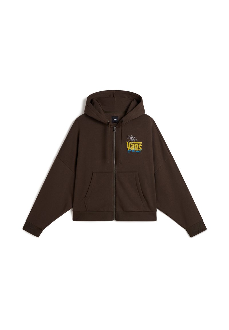 Felpa con zip marrone dal taglio morbido, dotata di tasca frontale e grafica colorata "Vans" sul petto. Tessuto morbido, polsini a costine.
