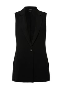 Svart ärmlös väst i slät tyg, med spetsig kavajkrage, enkel knappstängning och två framfickor.