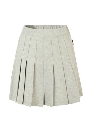 Lichtgrijze plissérok met elastische tailleband, gemaakt van zachte stof, ontworpen voor casual of schoolgebruik.