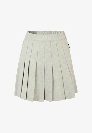Jupe plissée gris clair avec taille élastique, fabriquée en tissu doux, conçue pour un usage décontracté ou scolaire.