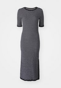 Granatowa sukienka z białym wzorem fal, okrągłym dekoltem, krótkimi rękawami i rozcięciem z boku. Wykonana z elastycznego materiału dla komfortu.