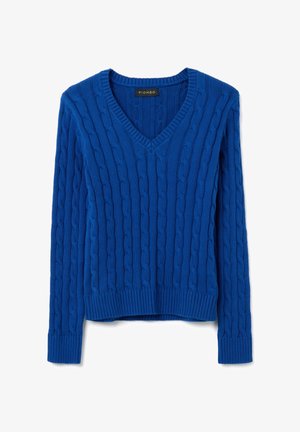 Suéter azul de punto trenzado en V con mangas largas y puños y dobladillo acanalados, dispuesto plano sobre un fondo blanco.