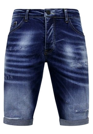 Donkerblauwe denimshorts met een vervaagd en versleten patroon. Heeft opgerolde zomen en een standaard vijf-pocket ontwerp.