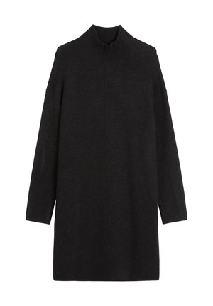 Mørk strikket turtleneck kjole med lange ermer og løs passform, med en jevn tekstur og minimalistisk design.