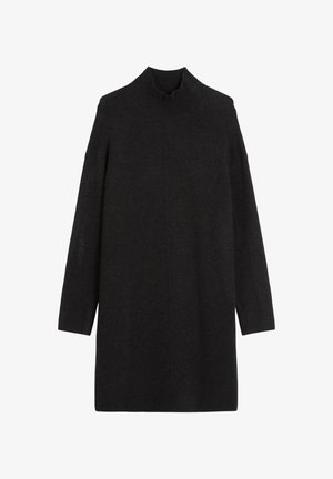 Mørk strikket turtleneck kjole med lange ermer og løs passform, med en jevn tekstur og minimalistisk design.