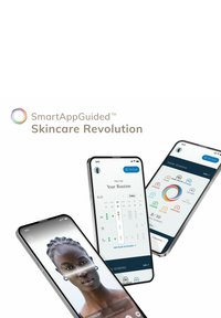Drei Smartphones zeigen die SmartAppGuided Hautpflege-App: Gesichtsscanner in Bearbeitung, Hautpflege-Routine-Kalender und Sitzungsfortschritt mit Hautzustands-Symbolen.