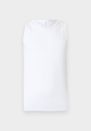 Biele bezrukávové rebrované tielko s okrúhlym výstrihom na jednoduchom svetlom pozadí.