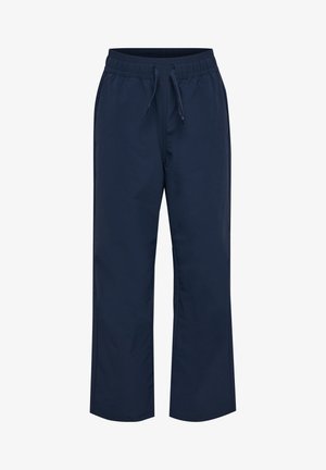 Mörkblå, lätta byxor med elastisk midja och dragsko. Raka ben, med slät textur och utan synliga mönster.