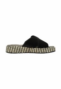 Zwarte slide sandalen met een kruisbandontwerp, voorzien van een gestructureerde geweven zool in een contrasterende lichte kleur.