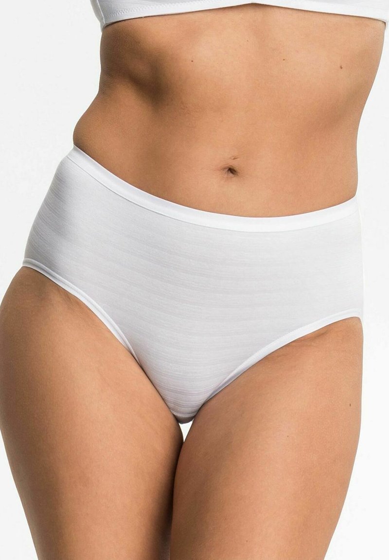 Woman wearing white high-waist underwear and matching cropped top, showing midsection and upper thighs against plain background.