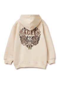 Felpa crema con cappuccio che presenta un design grafico di un'aquila con ali, testo che recita "EAGLES ROCK" e il numero "65", con polsini e orlo a coste.