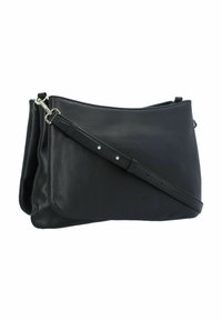Borsa a spalla in pelle nera con una texture liscia, dotata di una lunga tracolla regolabile e di sottili dettagli in metallo. Design compatto e snello.