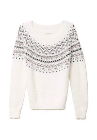 Pull blanc en peluche avec des manches longues et un col rond, présentant un motif zigzag multicolore et des pois sur la poitrine et les manches supérieures.