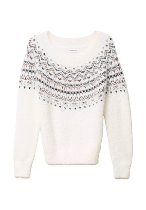 Pull blanc en peluche avec des manches longues et un col rond, présentant un motif zigzag multicolore et des pois sur la poitrine et les manches supérieures.