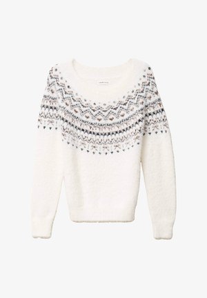 Pull blanc en peluche avec des manches longues et un col rond, présentant un motif zigzag multicolore et des pois sur la poitrine et les manches supérieures.