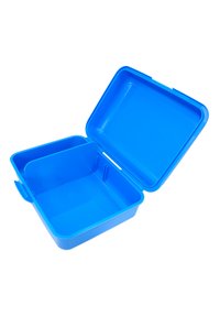 Pranzo in plastica blu a forma rettangolare, con coperchio a cerniera e superficie liscia. L'interno è spazioso e privo di ripartizioni.