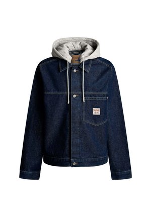 Denimjakke i mørkeblå med en grå hætte. Funktionen inkluderer knapper, brystlomme og kontrastsyede sømme. Løs pasform med lange ærmer.