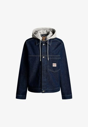 Jeansjacka i mörkblått med en grå huva. Har knappar, bröstficka och kontrasterande sömmar. Avslappnad passform med långa ärmar.